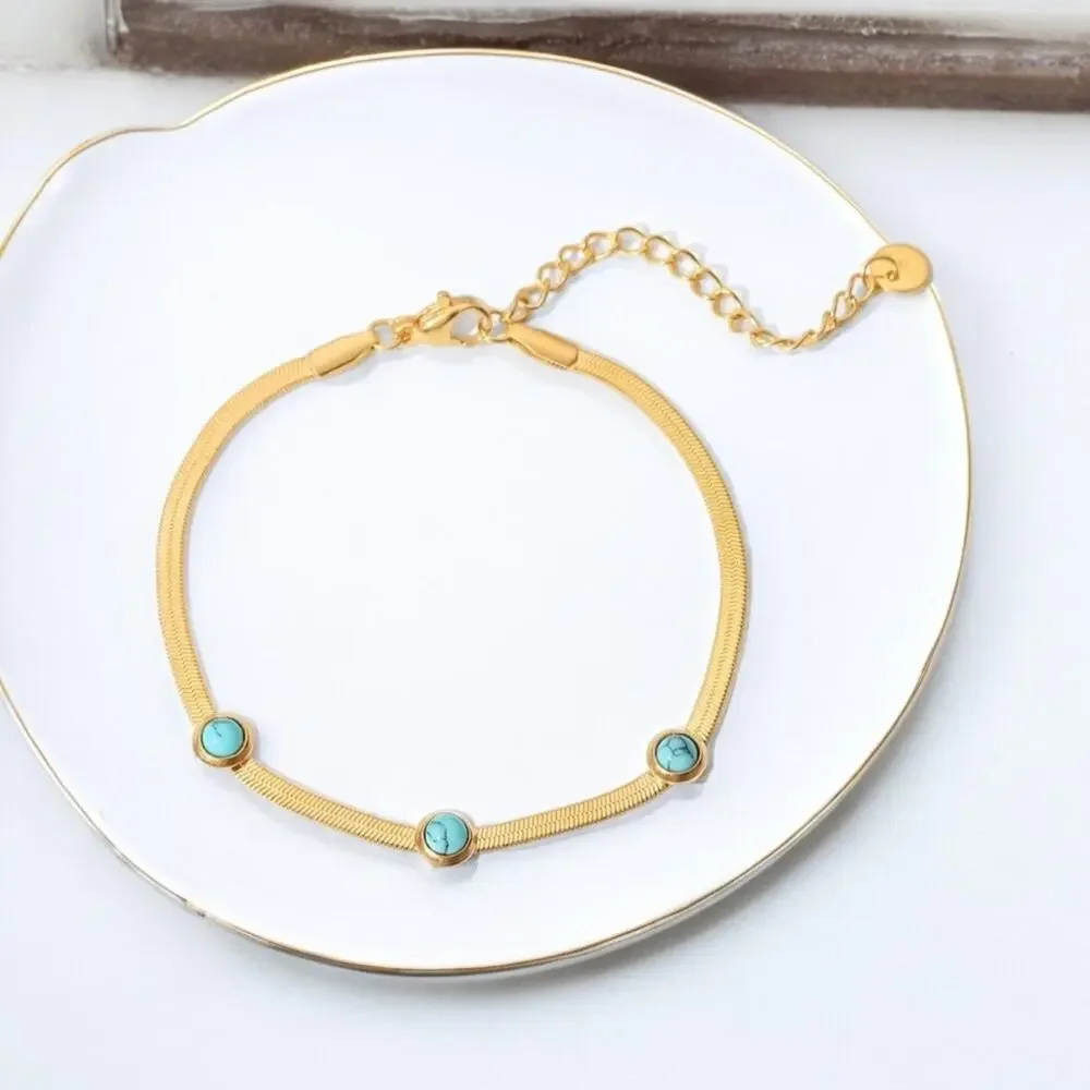 NEW 18k yellow gold plated flat snake chain turquoise bracelet jewelry B27A